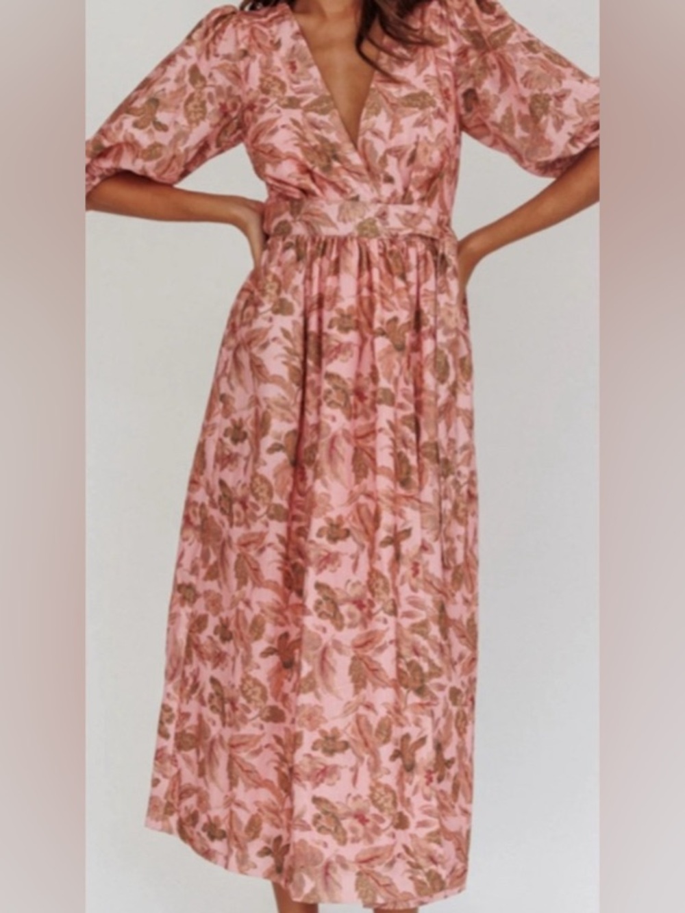 Blush and Tan Cotton Floral Puff Sleeve Midi Wrap Dress by SELFIE LESLIE: M - Picture 2 of 7